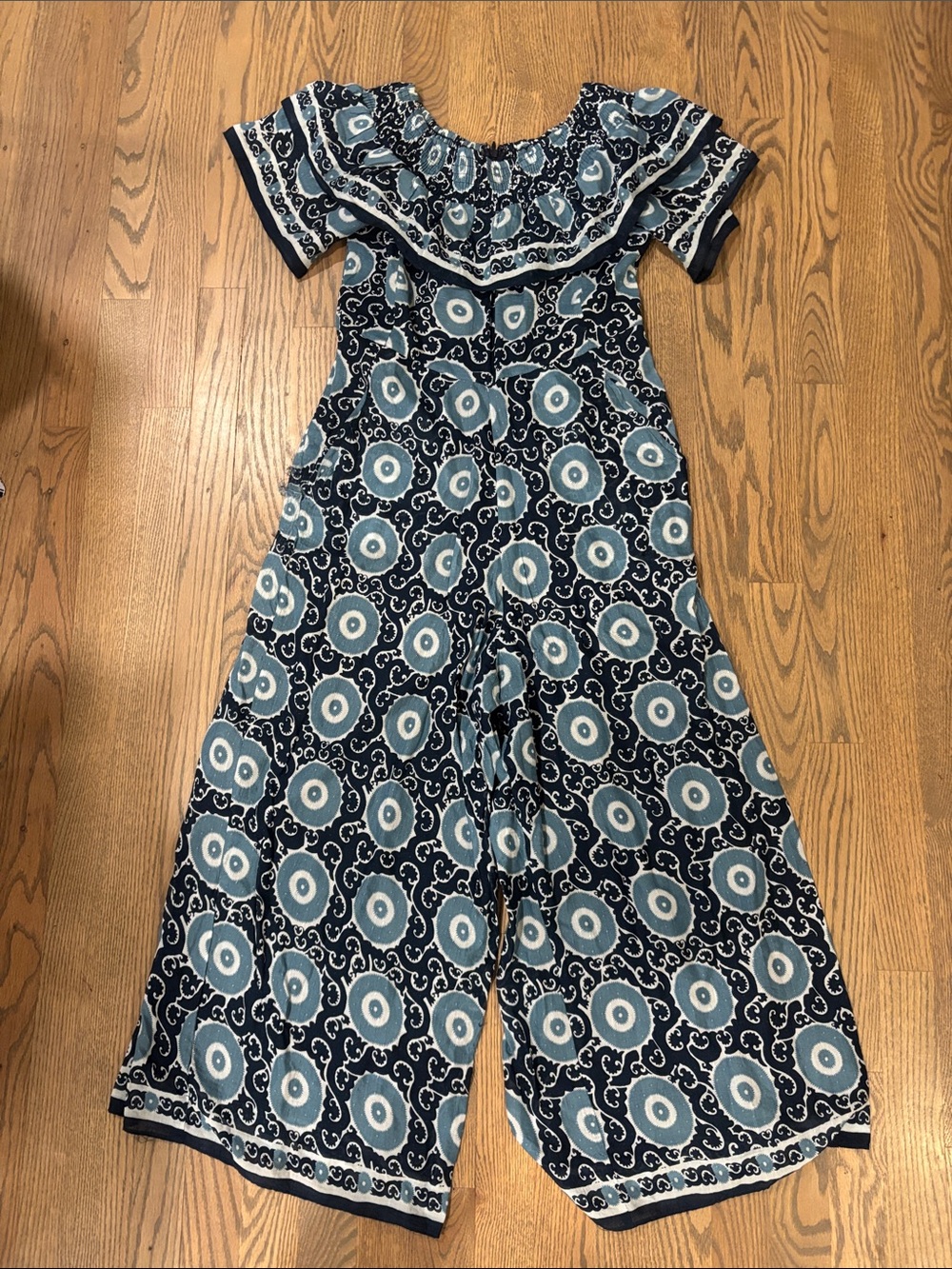 Off-Shoulder Navy & Light Blue Printed Wide-Leg Jumpsuit